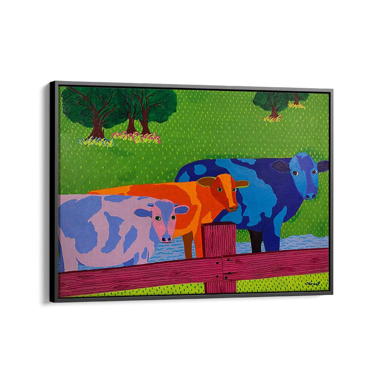 three cows landscape art prints in Black Floater Frame