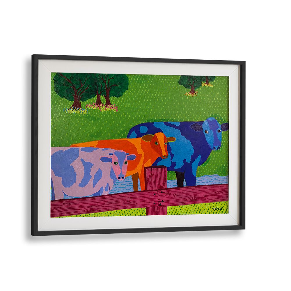 three cows landscape art prints in Black Frame With Mount
