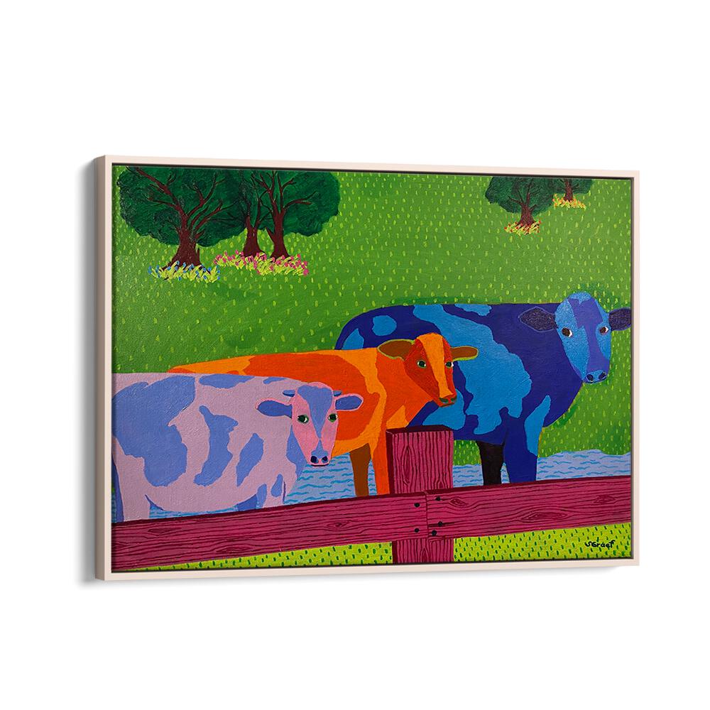three cows landscape art prints in Oak Wood Floater Frame