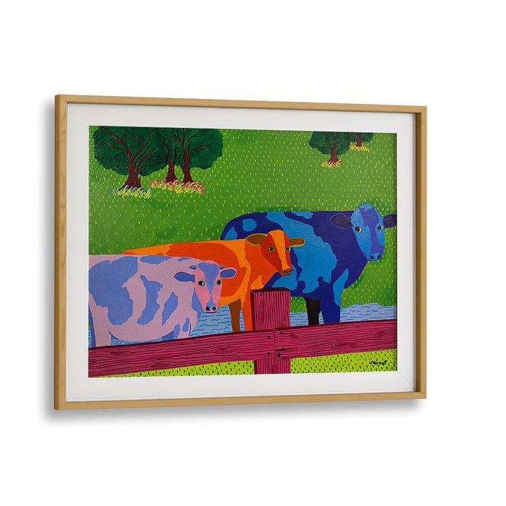 three cows landscape art prints in Oak Wood Frame With Mount