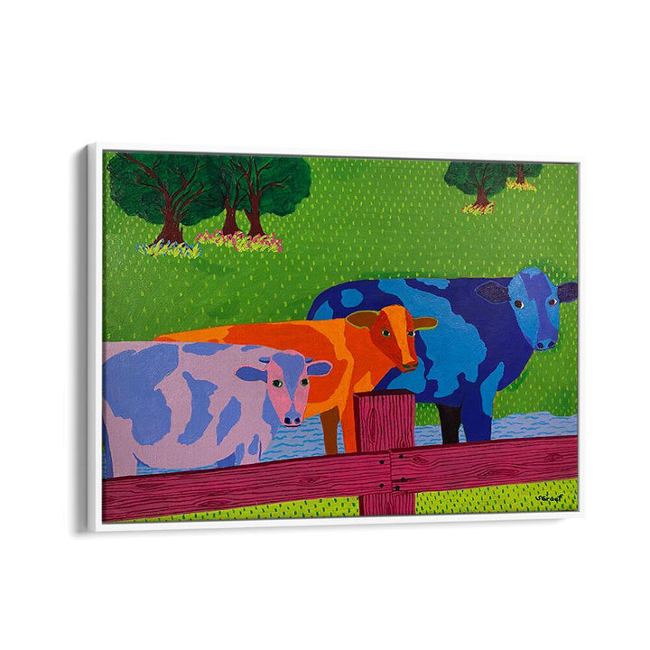 three cows landscape art prints in White Floater Frame