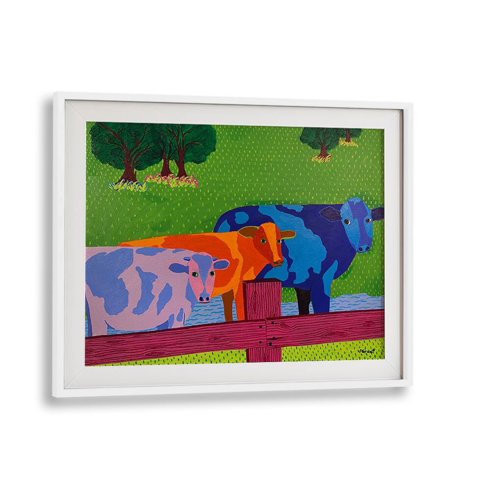 three cows landscape art prints in White Frame With Mount