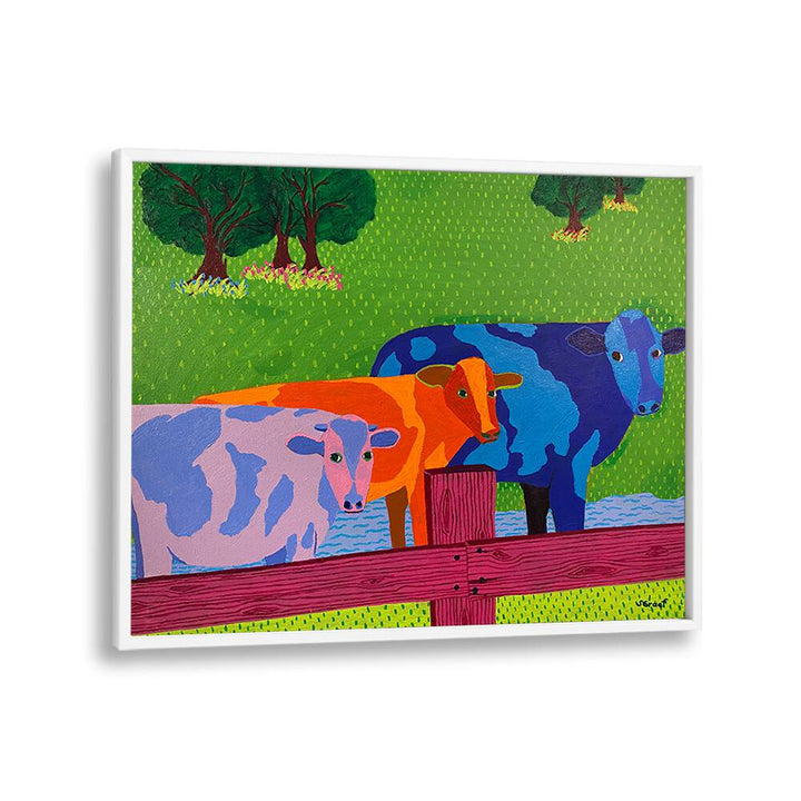 three cows landscape art prints in White Plain Frame