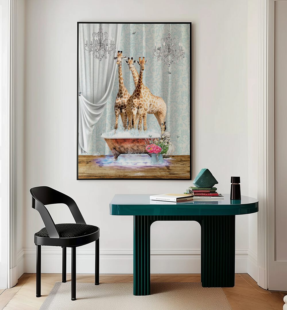 three giraffes a bubbles by sue skellern wall art prints Artwork IV placed on a wall