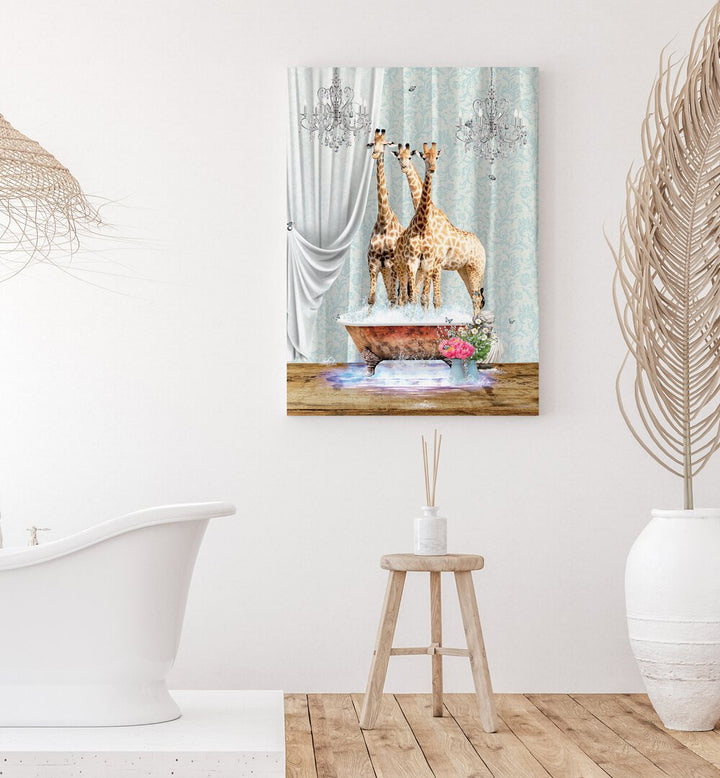 three giraffes a bubbles by sue skellern wall art prints Artwork V placed on a wall