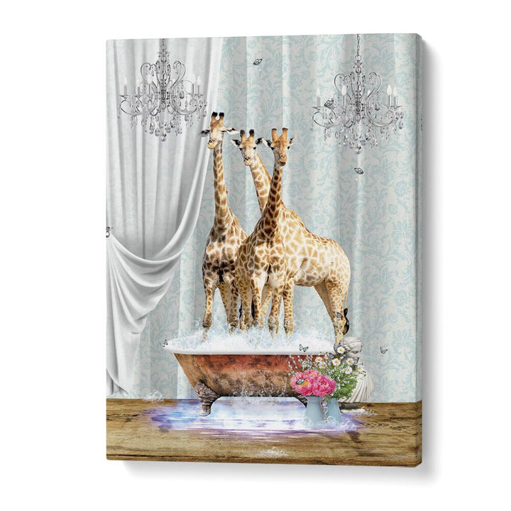 three giraffes a bubbles by sue skellern wall art prints in Gallery Wrap