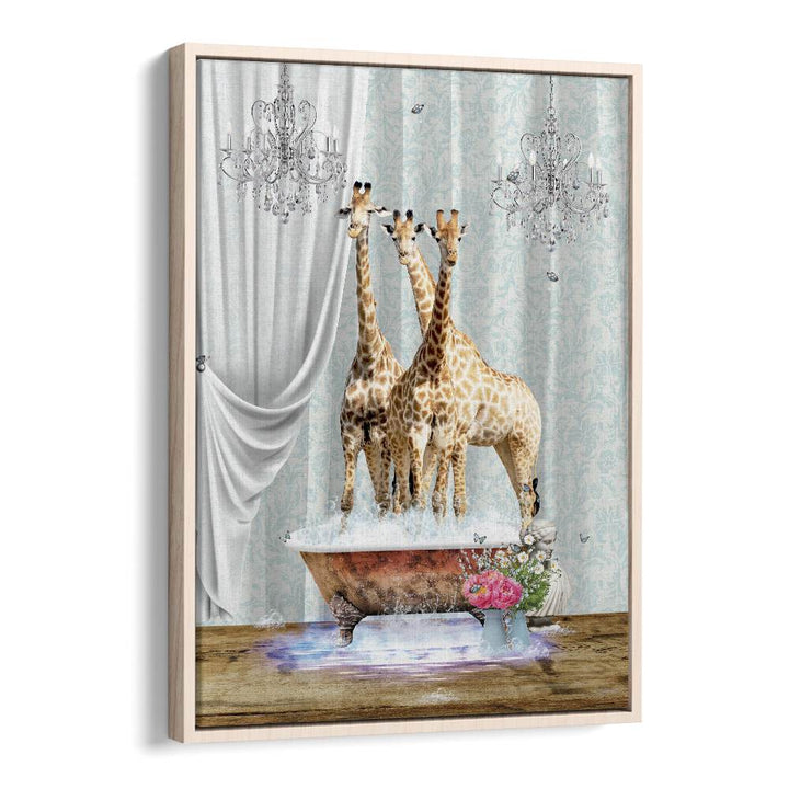 three giraffes a bubbles by sue skellern wall art prints in Oak Wood Floater Frame