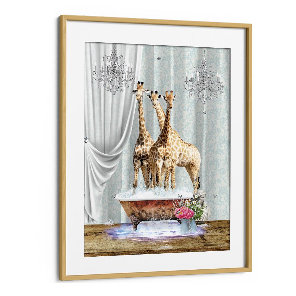 three giraffes a bubbles by sue skellern wall art prints in Oak Wood Frame With Mount