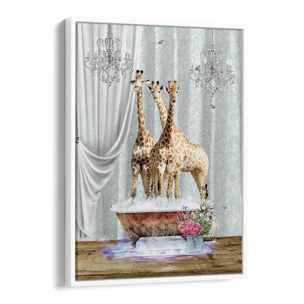 three giraffes a bubbles by sue skellern wall art prints in White Floater Frame