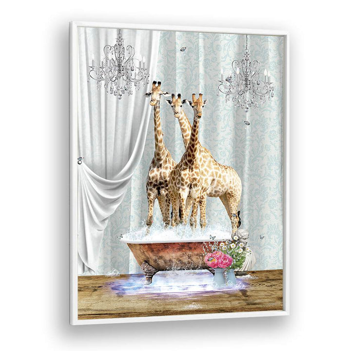 three giraffes a bubbles by sue skellern wall art prints in White Plain Frame