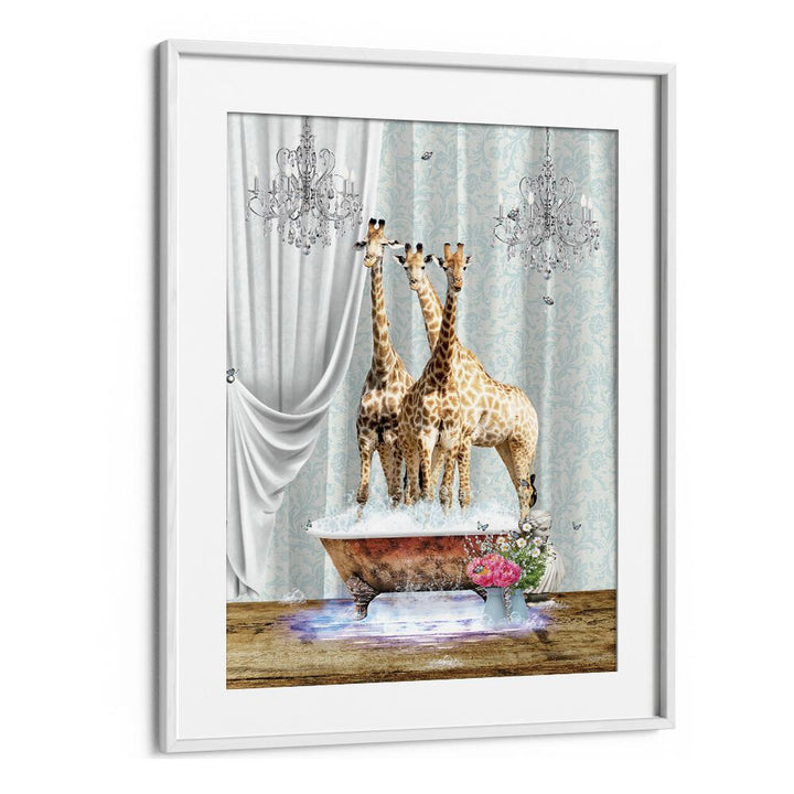 three giraffes a bubblesby sue skellern wall art prints in White Frame With Mount