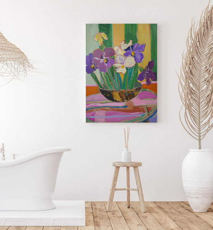 tranquil blossoms II electric wall art prints placed in a bathroom near bathtub