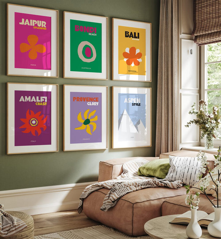 travel posters vol-i gallery wall set of 6  placed on a wall