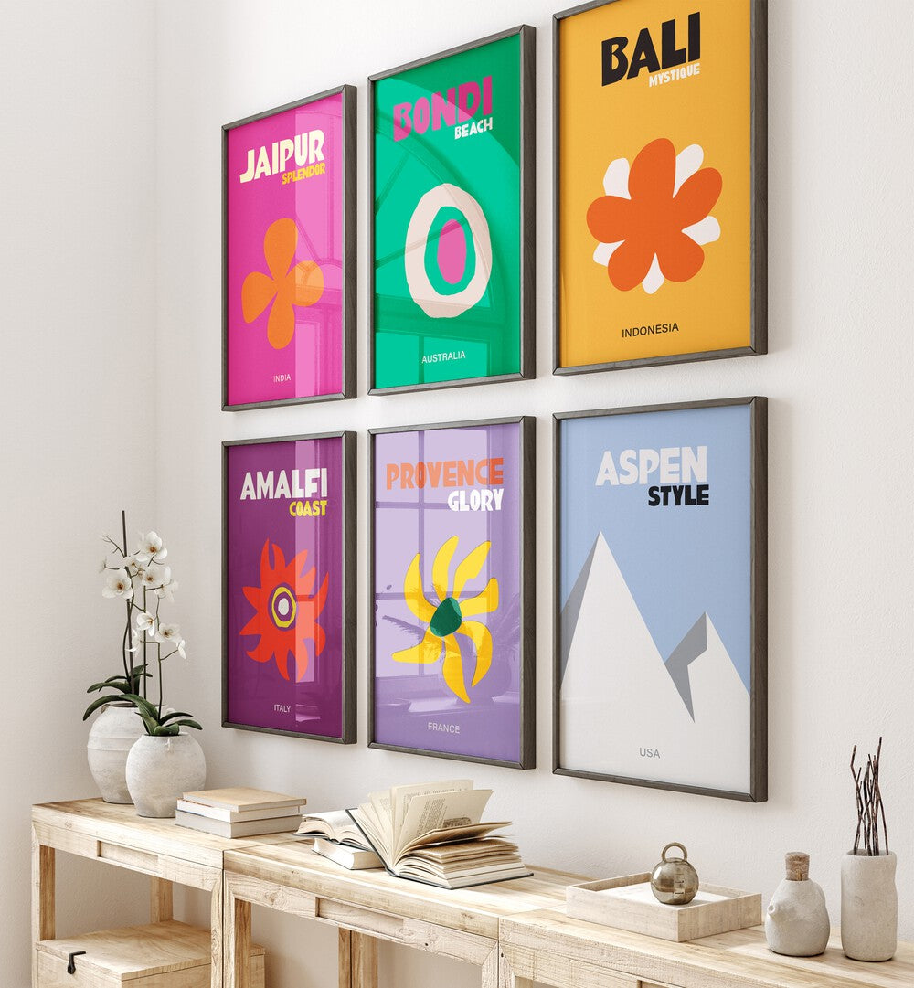 travel posters vol-i gallery wall set of 6  placed on a wall