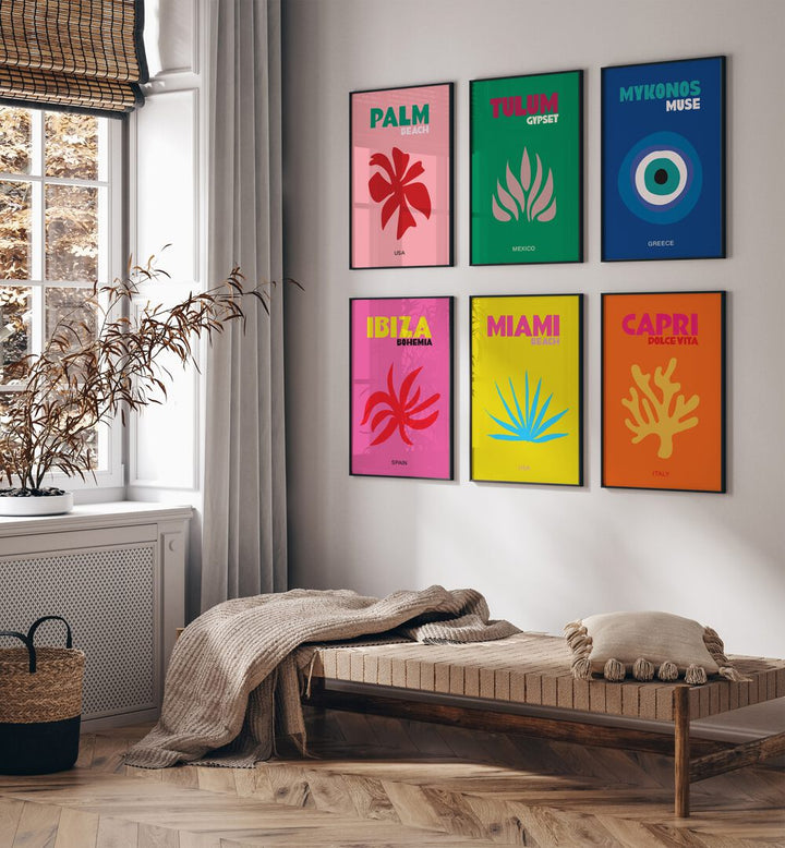 travel posters vol-ii gallery wall  set of 6  placed on a wall