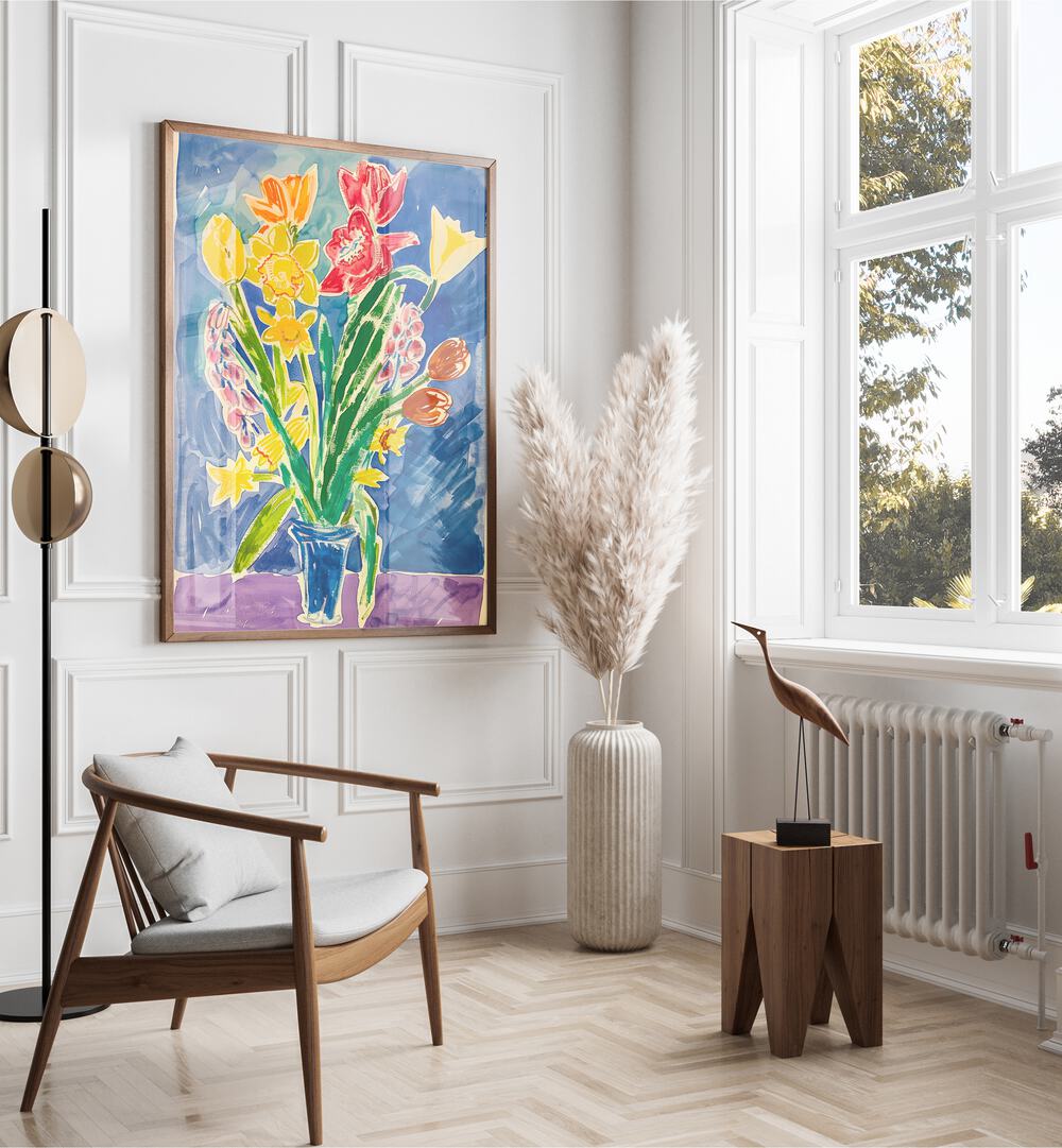 tulip lily orchid delight electric wall art prints II placed on a wall near sofa