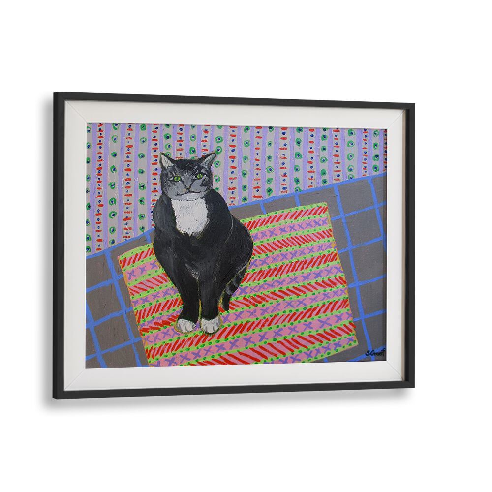 tuxedo cat wildlife paintings in Black Frame With Mount