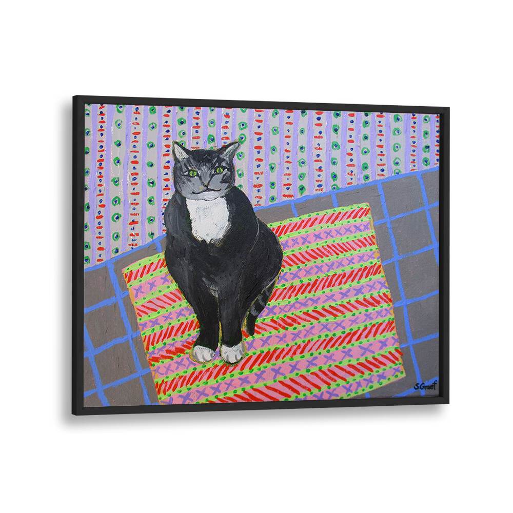 tuxedo cat wildlife paintings in Black Plain Frame