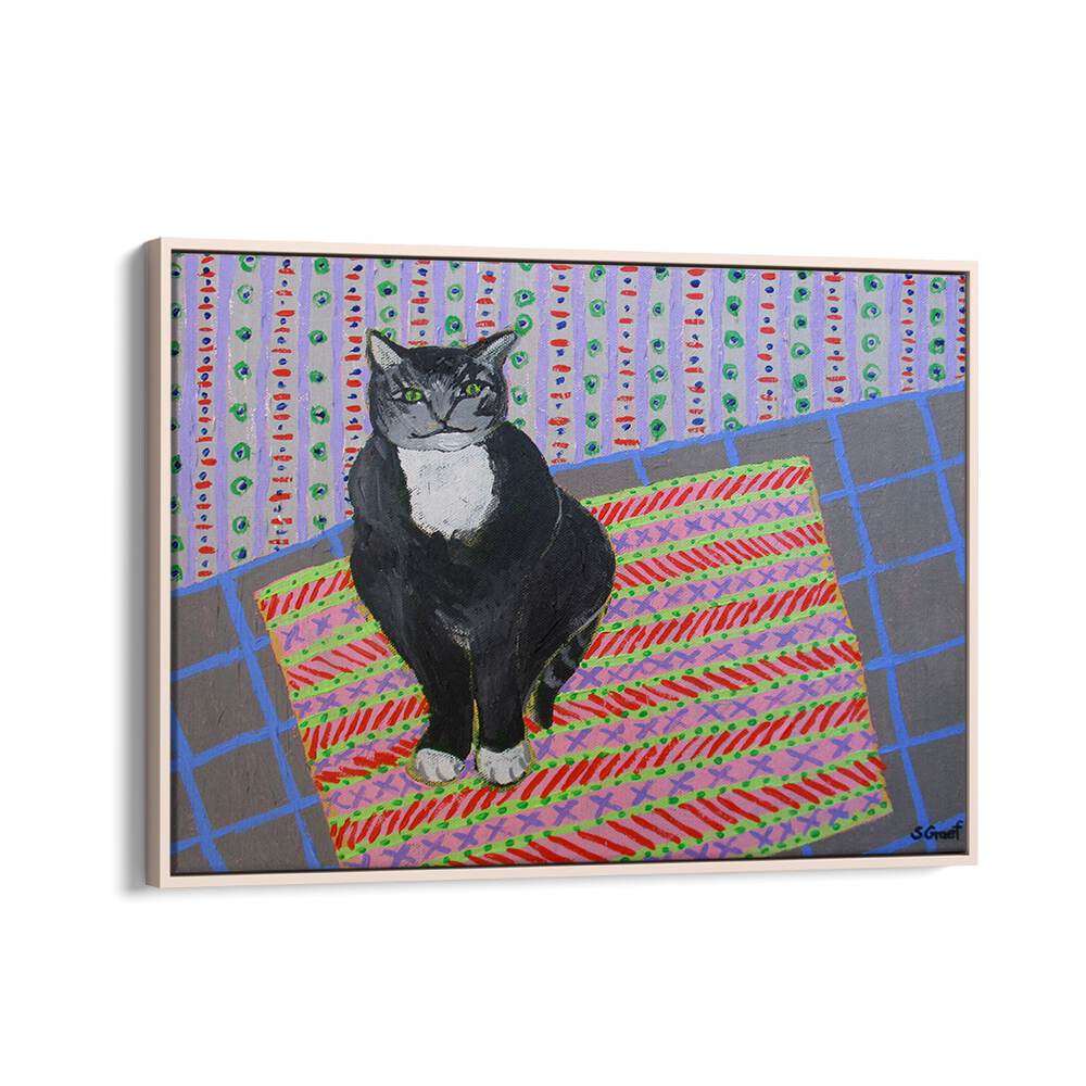 tuxedo cat wildlife paintings in Oak Wood Floater Frame