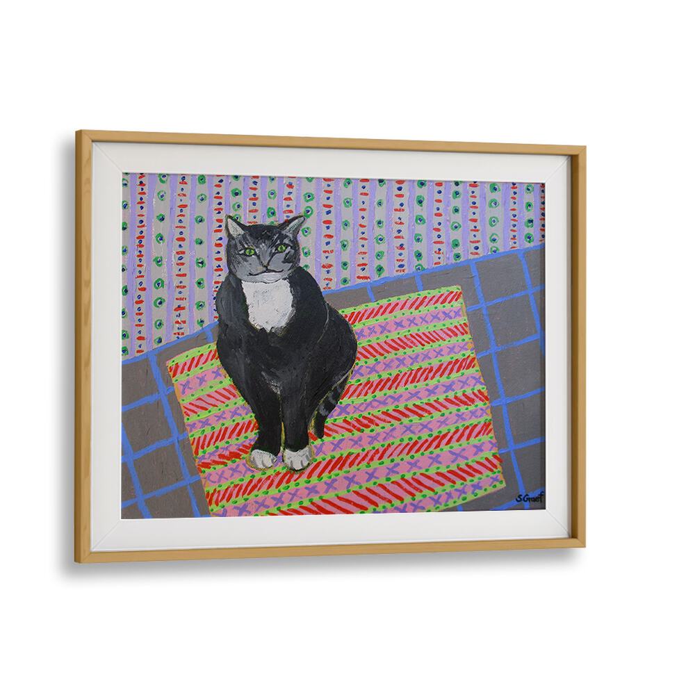 tuxedo cat wildlife paintings in Oak Wood Frame With Mount