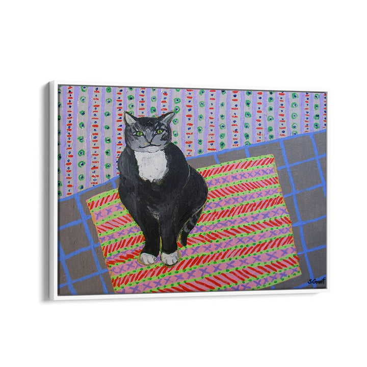 tuxedo cat wildlife paintings in White Floater Frame