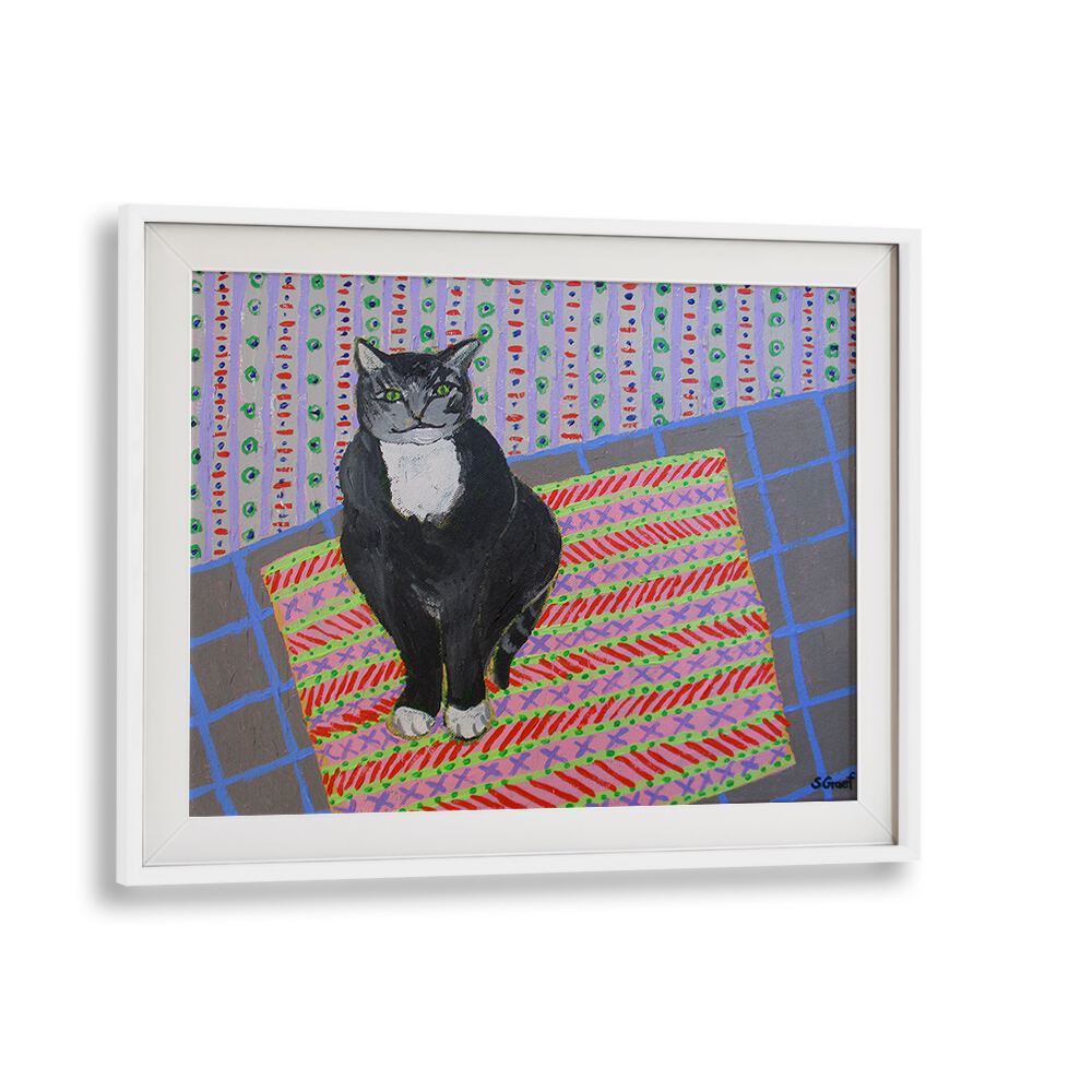 tuxedo cat wildlife paintings in White Frame With Mount