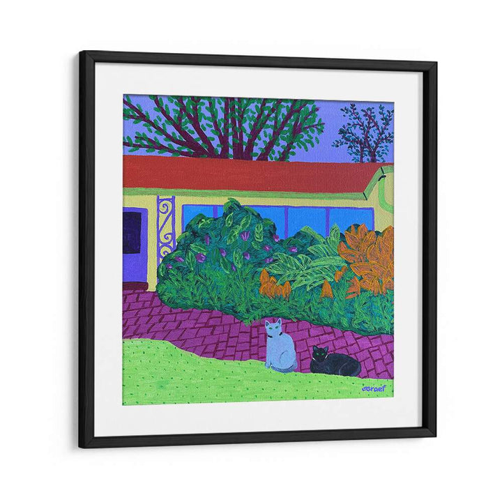 two cats landscape art prints in Black Frame With Mount