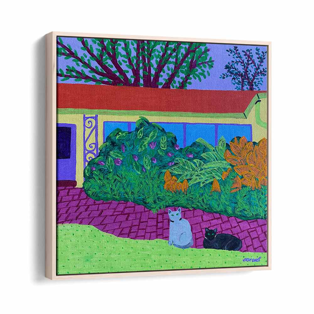 two cats landscape art prints in Oak Wood Floater Frame