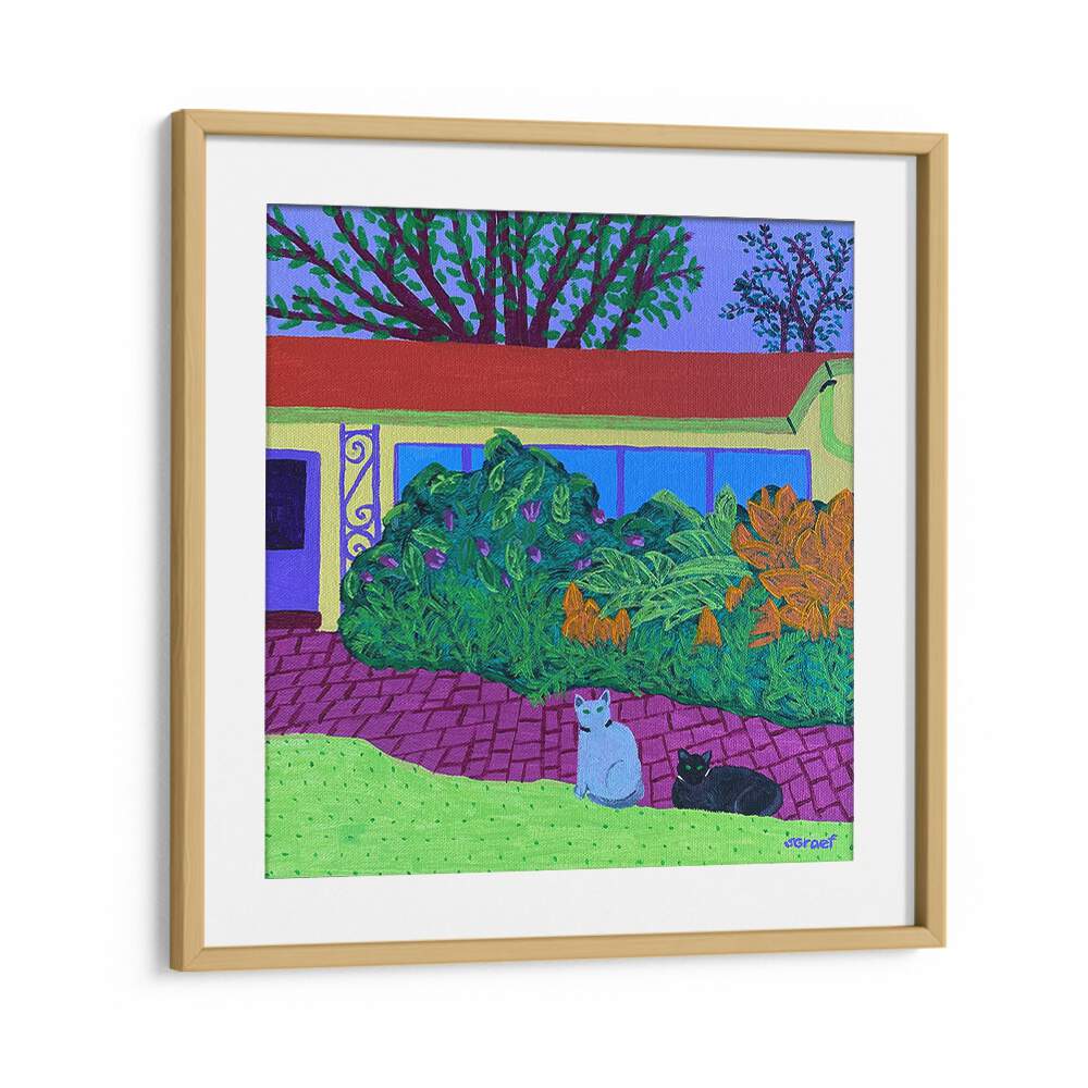 two cats landscape art prints in Oak Wood Frame With Mount