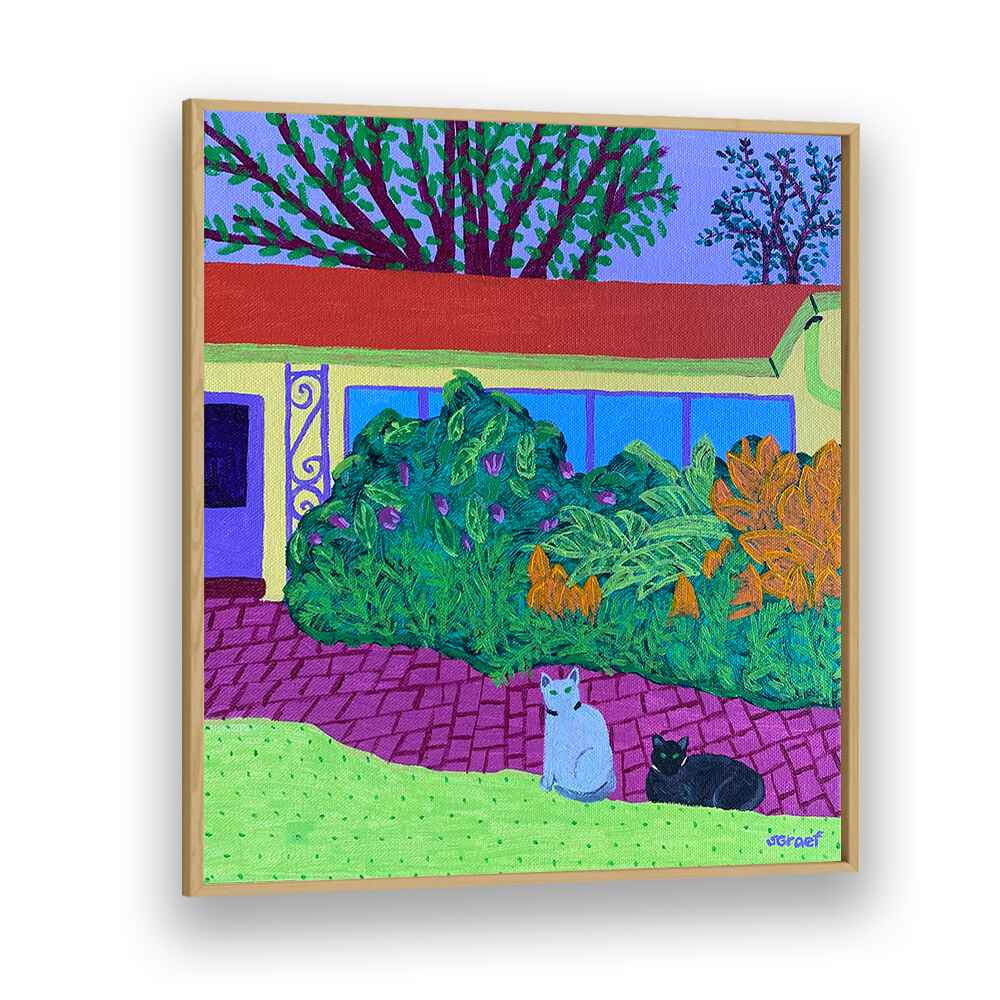 two cats landscape art prints in Oak Wood Plain Frame