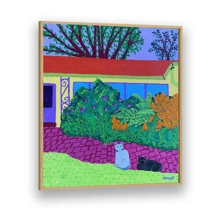two cats landscape art prints in Oak Wood Plain Frame
