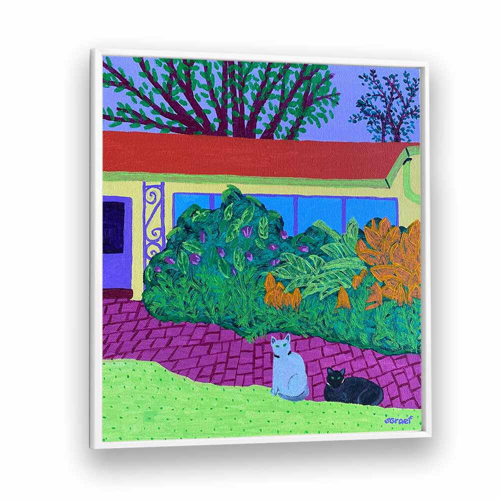 two cats landscape art prints in White Plain Frame