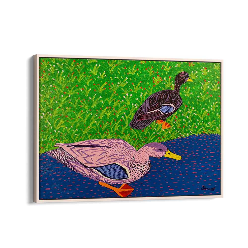two ducks landscape art prints in Oak Wood Floater Frame