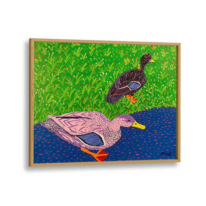 two ducks landscape art prints in Oak Wood Plain Frame