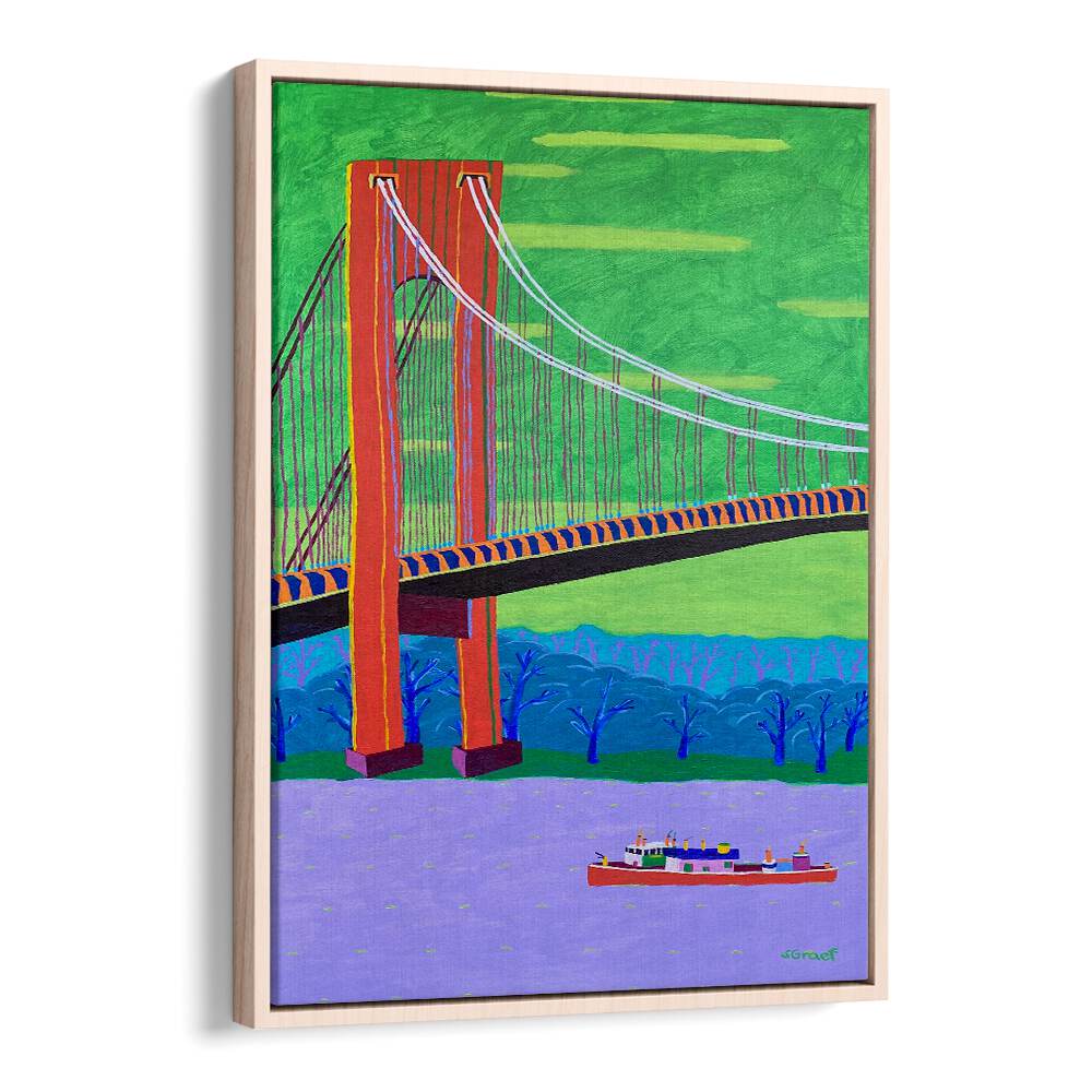 verrazzano narrows bridge landscape art prints in Oak Wood Floater Frame