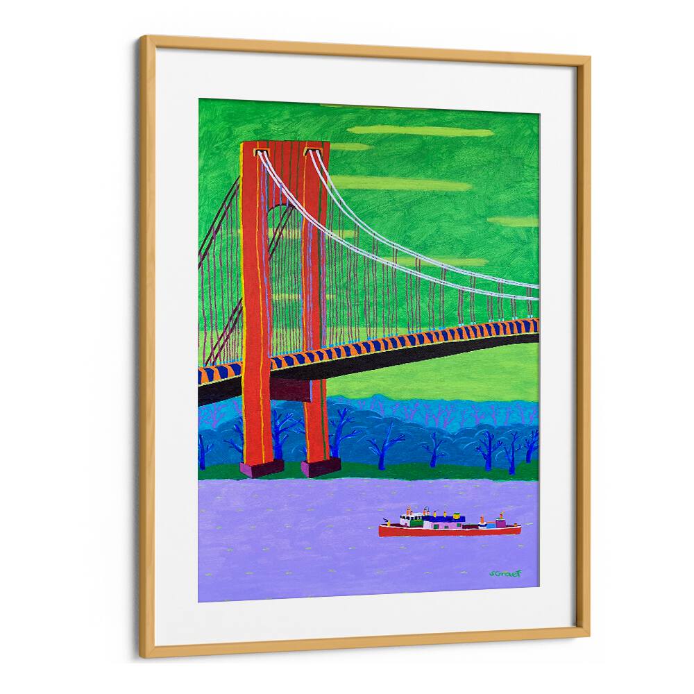 verrazzano narrows bridge landscape art prints in Oak Wood Frame With Mount