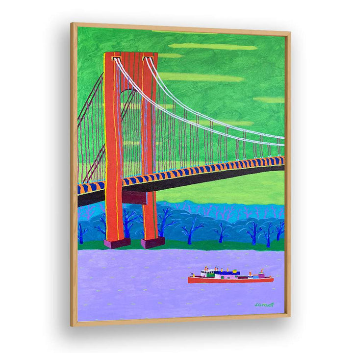 verrazzano narrows bridge landscape art prints in Oak Wood Plain Frame