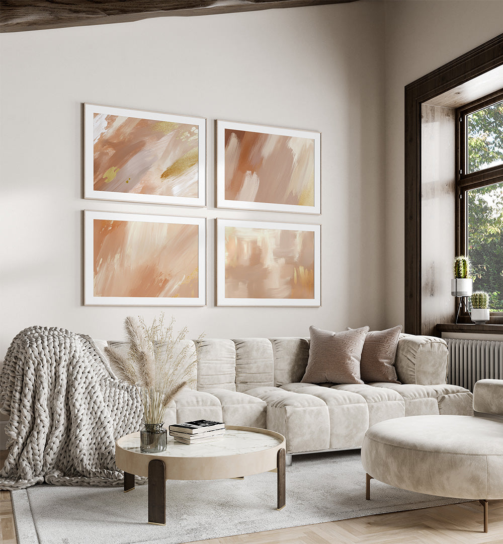 Modern living room with a beige sectional sofa, abstract art on the wall, and decorative elements.