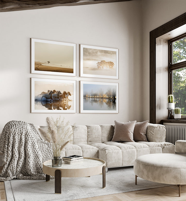 Modern living room with a beige sectional sofa, round coffee table, and wall art.