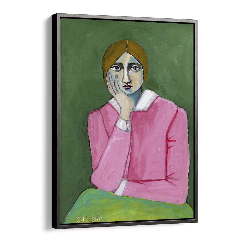 vintage lady in pink women illustration paintings in Black Floater Frame