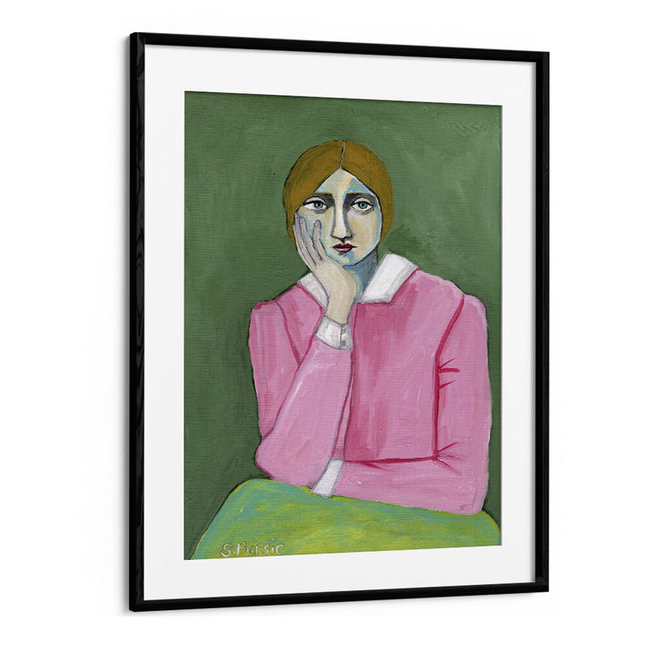 vintage lady in pink women illustration paintings in Black Frame With Mount