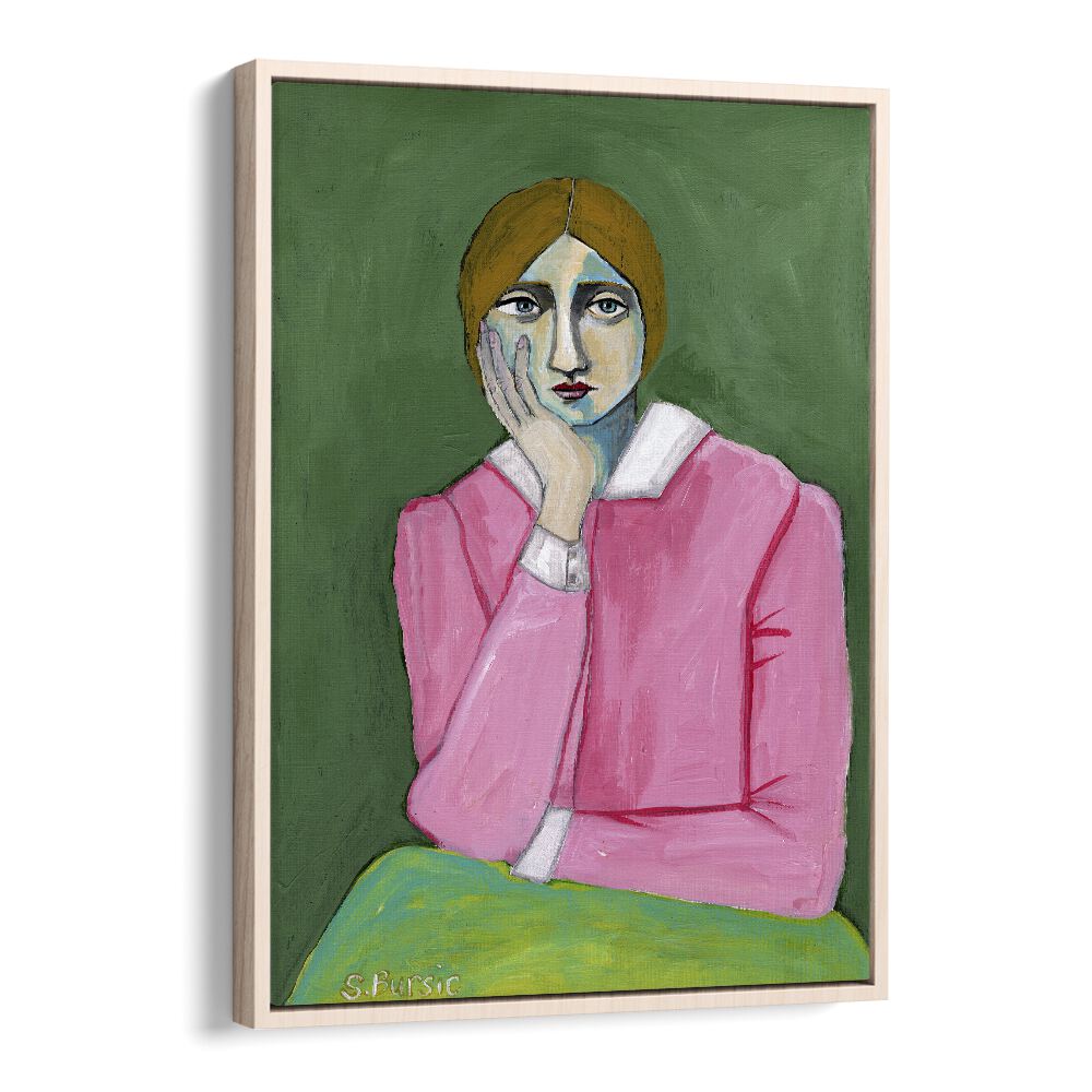 vintage lady in pink women illustration paintings in Oak Wood Floater Frame