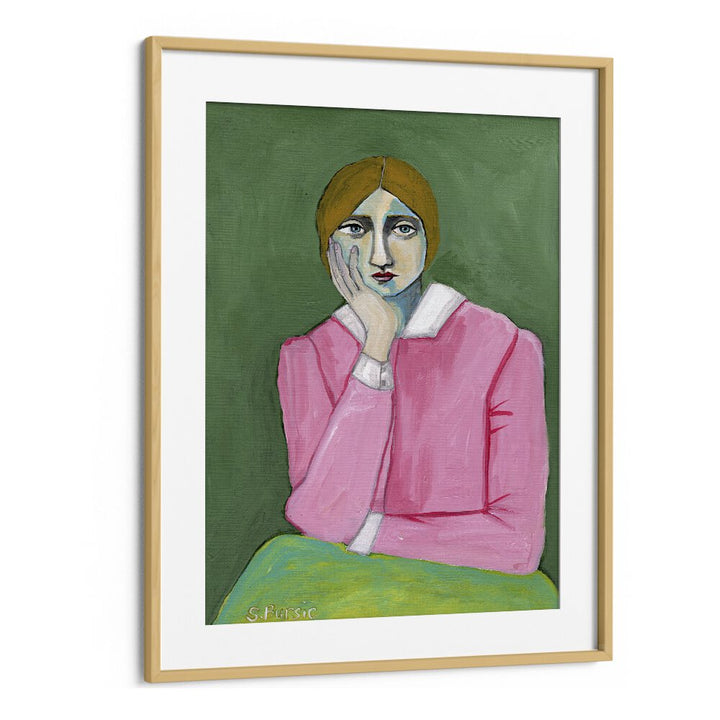 vintage lady in pink women illustration paintings in Oak Wood Frame With Mount