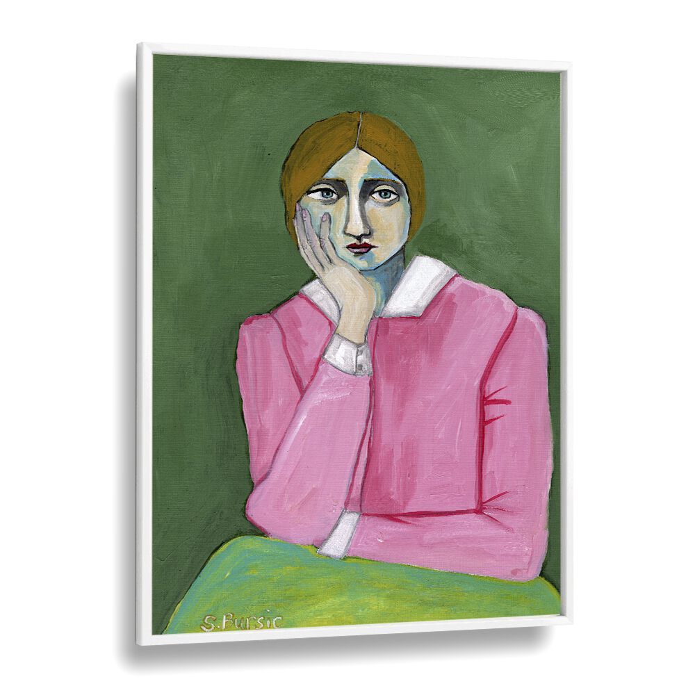 vintage lady in pink women illustration paintings in White Plain Frame