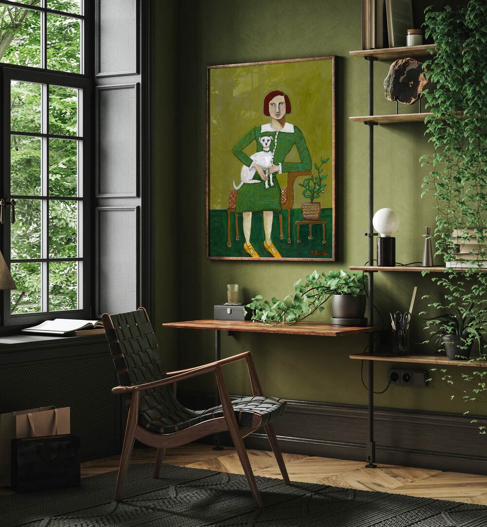 Vintage lady with her white dog, portraits, beautifully enhancing any space with timeless elegance.