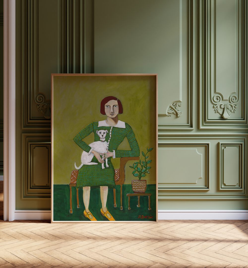 Elegant vintage lady with her white dog in a charming portrait, perfect for art lovers seeking timeless decor.
