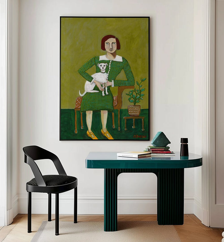 Vintage lady with her white dog, portraits, adding timeless elegance to your space with this exquisite illustration.
