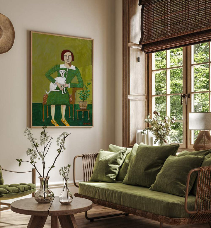 Elegant vintage lady with her white dog, perfect for home decor. Explore VINTAGE LADY WITH HER WHITE DOG, PORTRAITS.