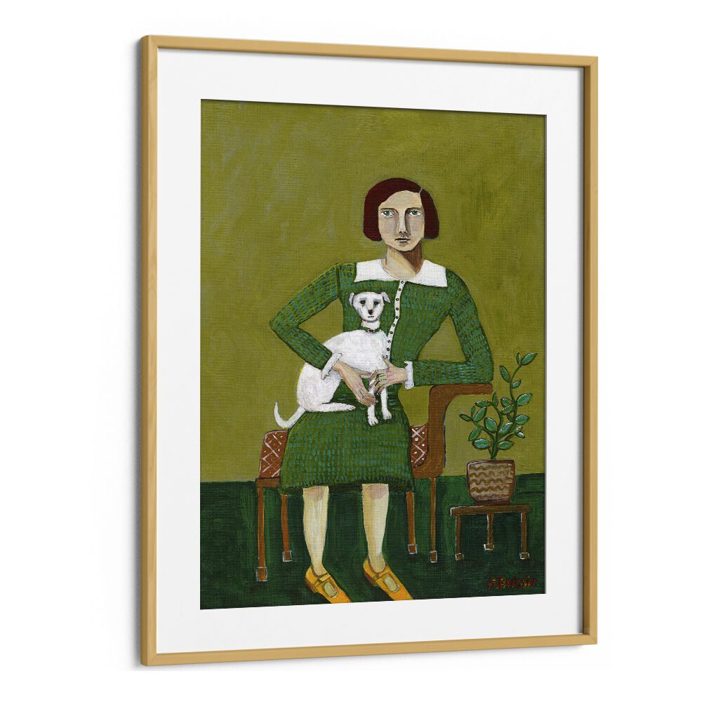 vintage lady with her white dog women illustration paintings in Oak Wood Frame With Mount