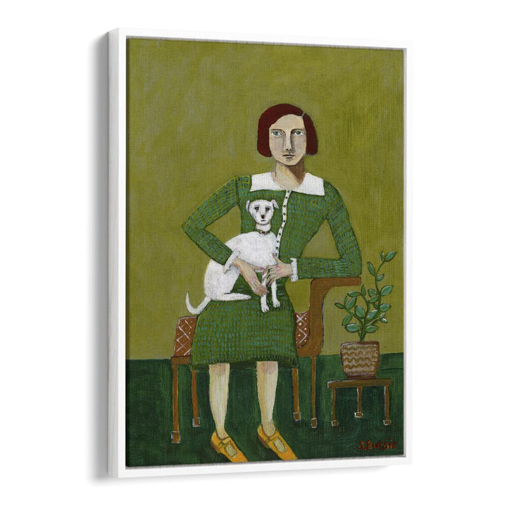 vintage lady with her white dog women illustration paintings in White Floater Frame